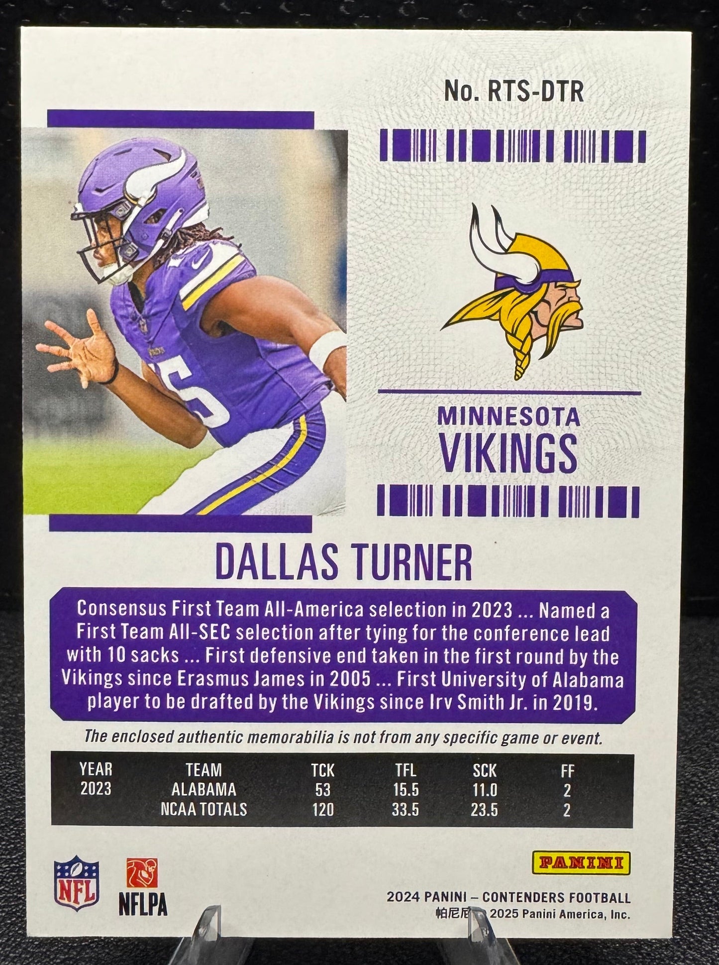 2024 Panini Contenders Rookie Ticket Swatches 10 Dallas Turner RC Vikings - 787 Hobby House