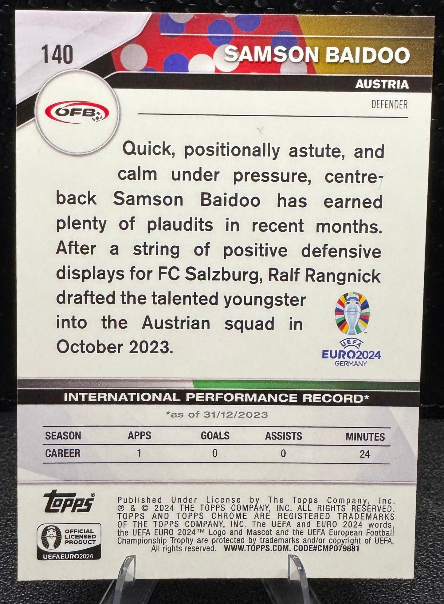 2024 Topps Chrome UEFA Euro Color Match Refractors 140 Samson Baidoo 14/99 - 787 Hobby House