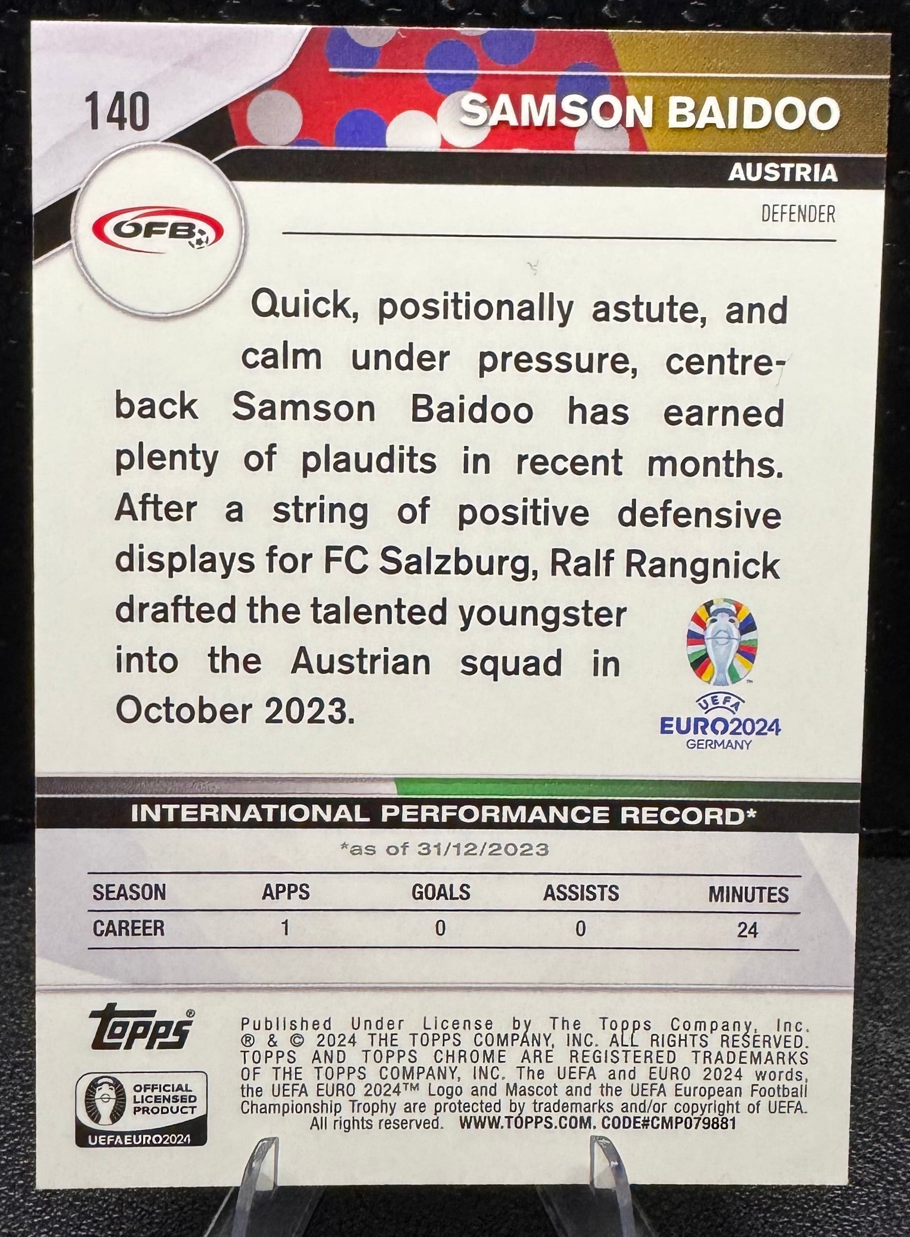 2024 Topps Chrome UEFA Euro Color Match Refractors 140 Samson Baidoo 14/99 - 787 Hobby House