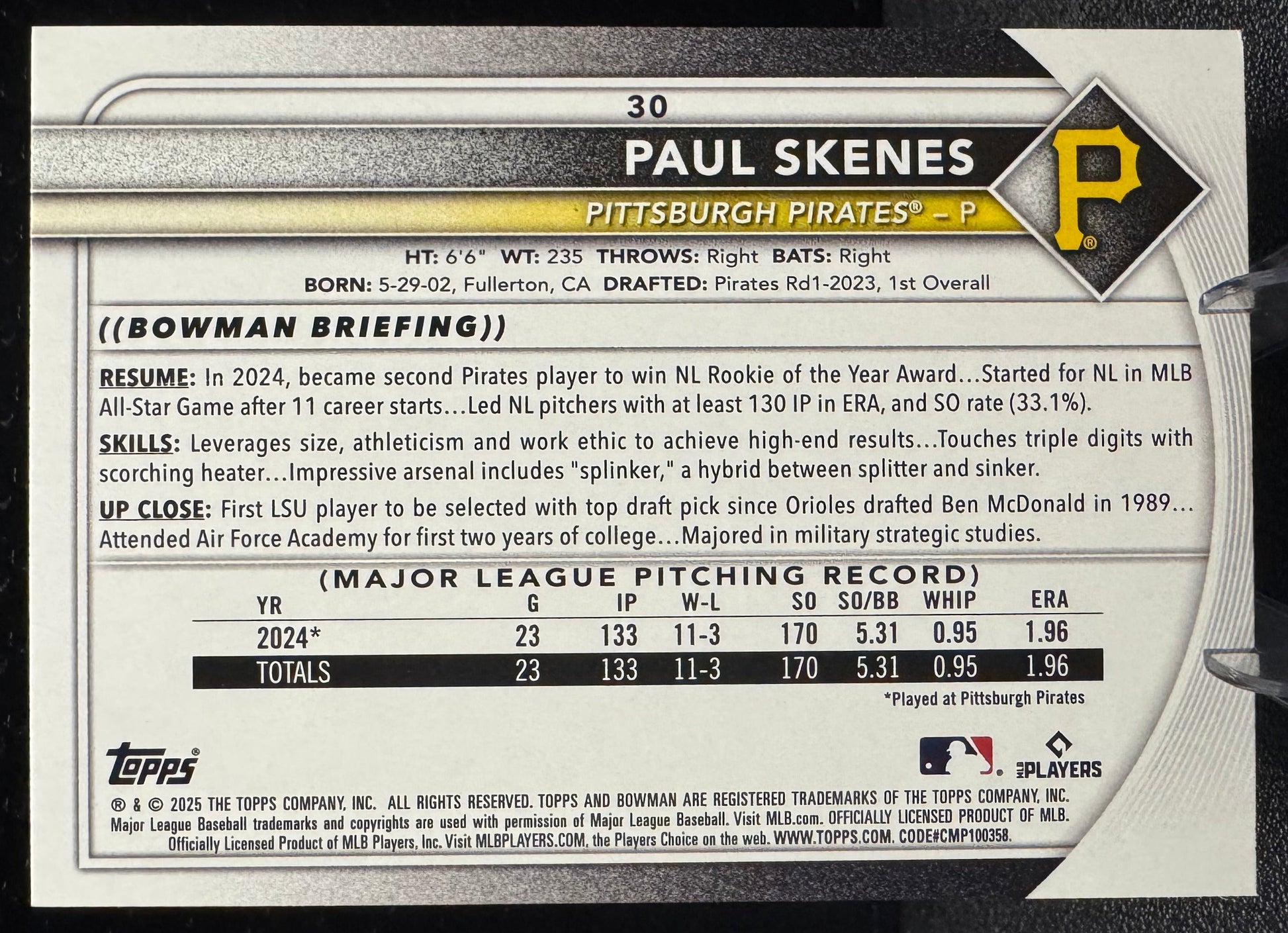 2025 Bowman 30 Paul Skenes Pittsburgh Pirates - 787 Hobby House