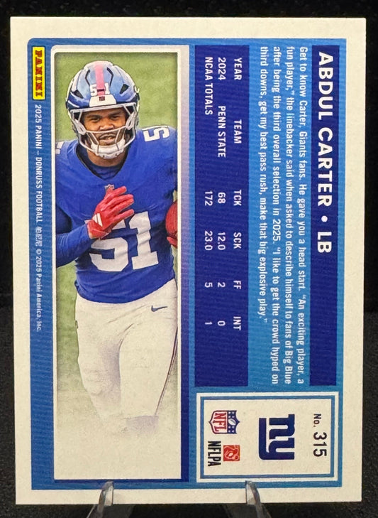 2025 Donruss Press Proof Purple Rated Rookie 315 Abdul Carter New York Giants - 787 Hobby House