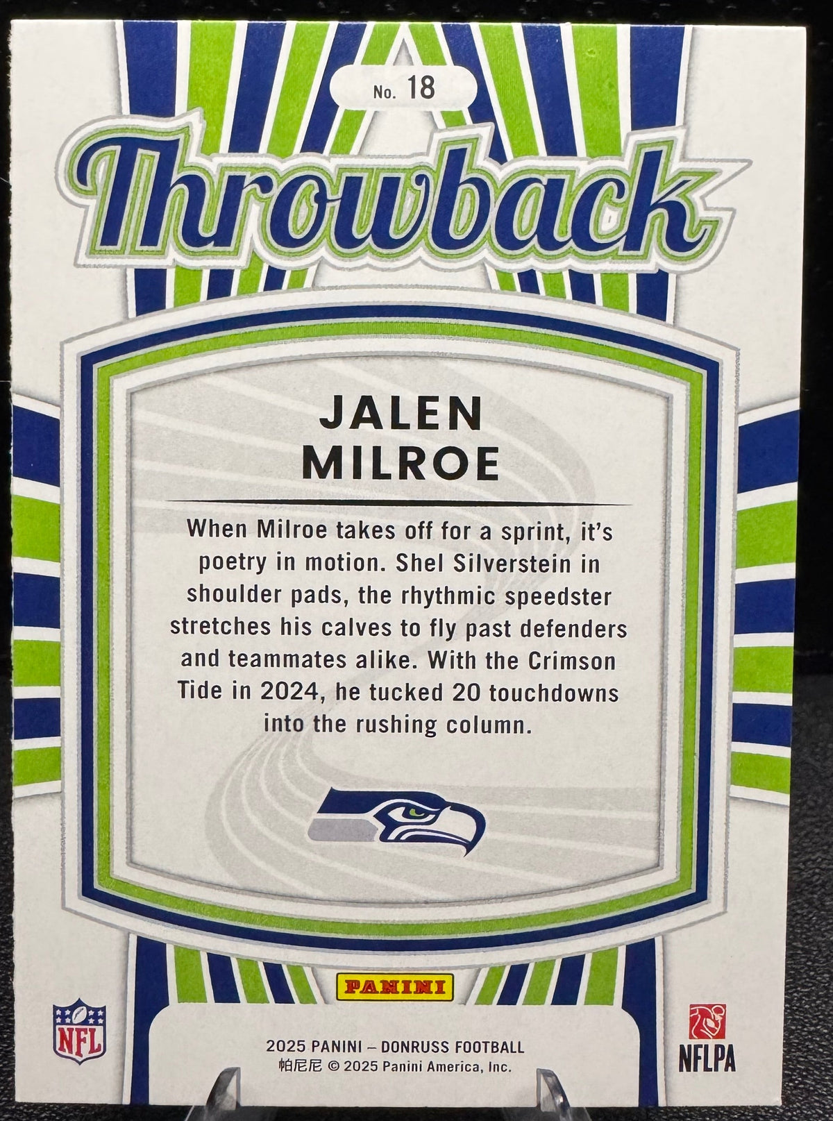 2025 Donruss Rated Rookies Throwback 18 Jalen Milroe Seattle Seahawks - 787 Hobby House