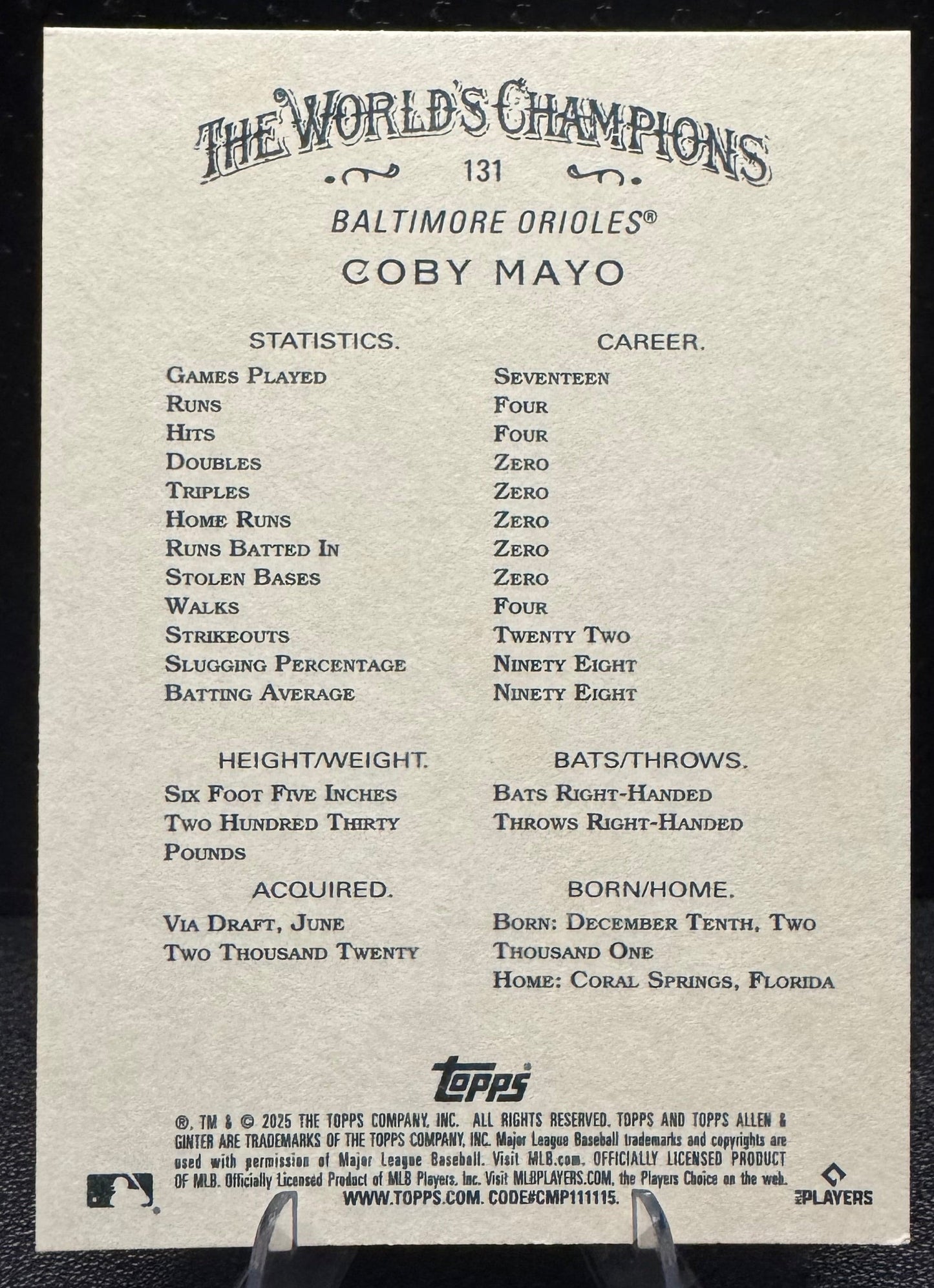 2025 Topps Allen & Ginter 131 Coby Mayo Baltimore Orioles - 787 Hobby House