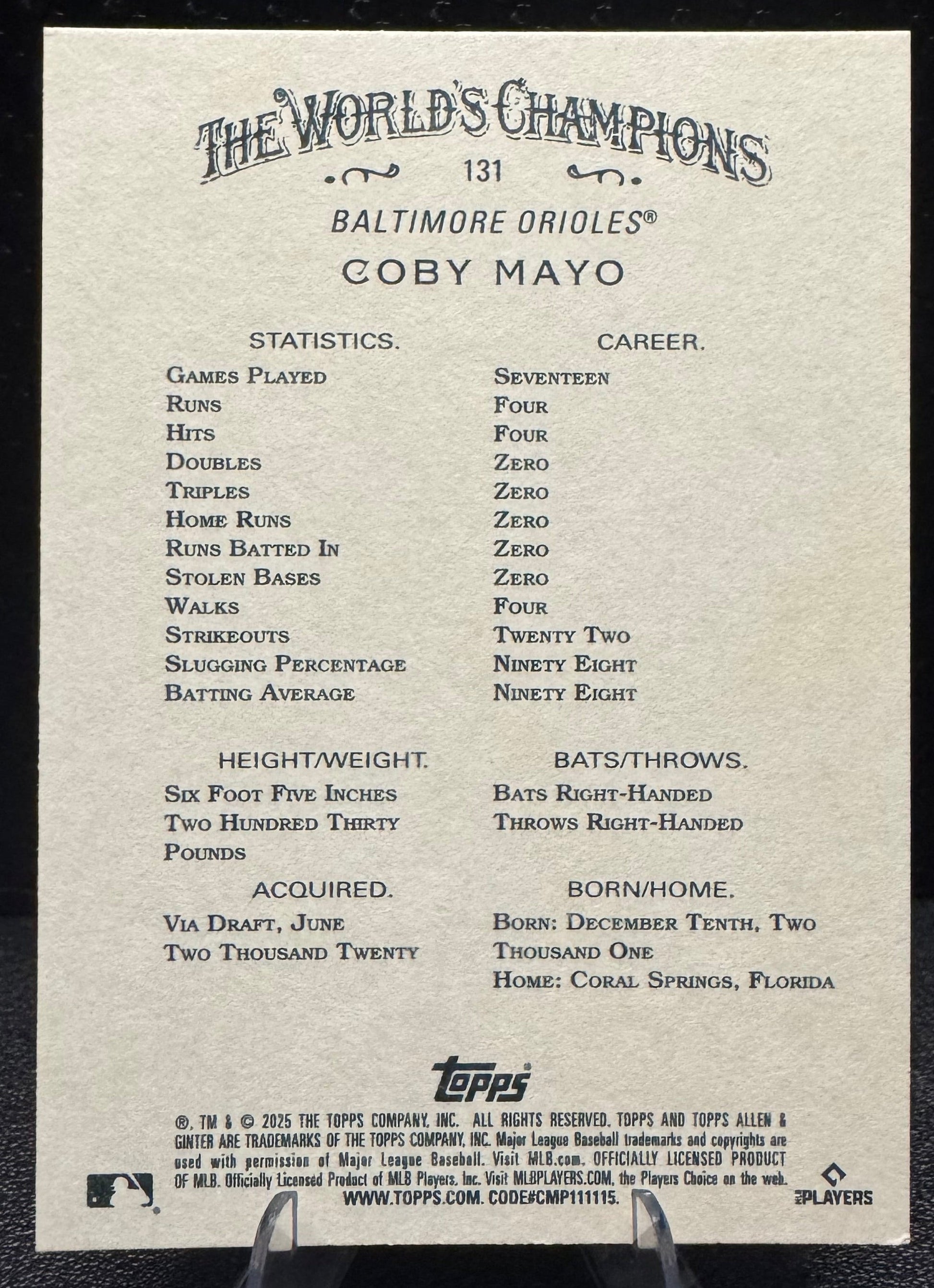 2025 Topps Allen & Ginter 131 Coby Mayo Baltimore Orioles - 787 Hobby House