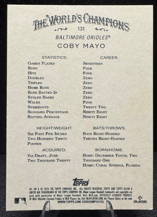 2025 Topps Allen & Ginter 131 Coby Mayo Baltimore Orioles - 787 Hobby House