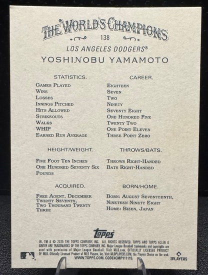 2025 Topps Allen & Ginter 138 Yoshinobu Yamamoto Los Angeles Dodgers - 787 Hobby House