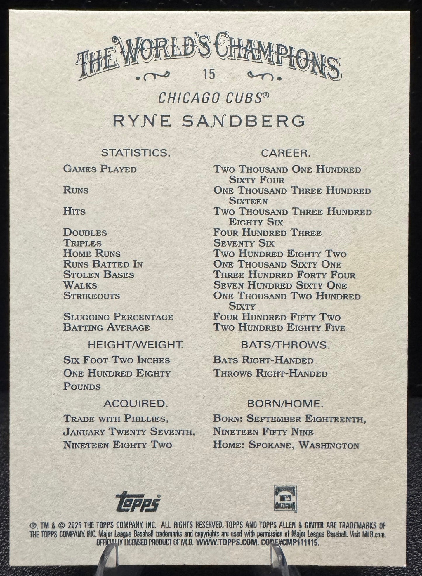 2025 Topps Allen & Ginter 15 Ryne Sandberg Chicago Cubs - 787 Hobby House