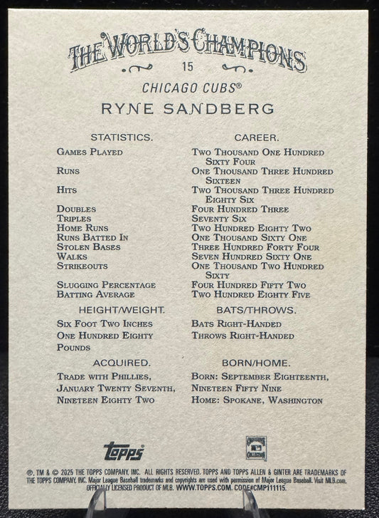 2025 Topps Allen & Ginter 15 Ryne Sandberg Chicago Cubs - 787 Hobby House