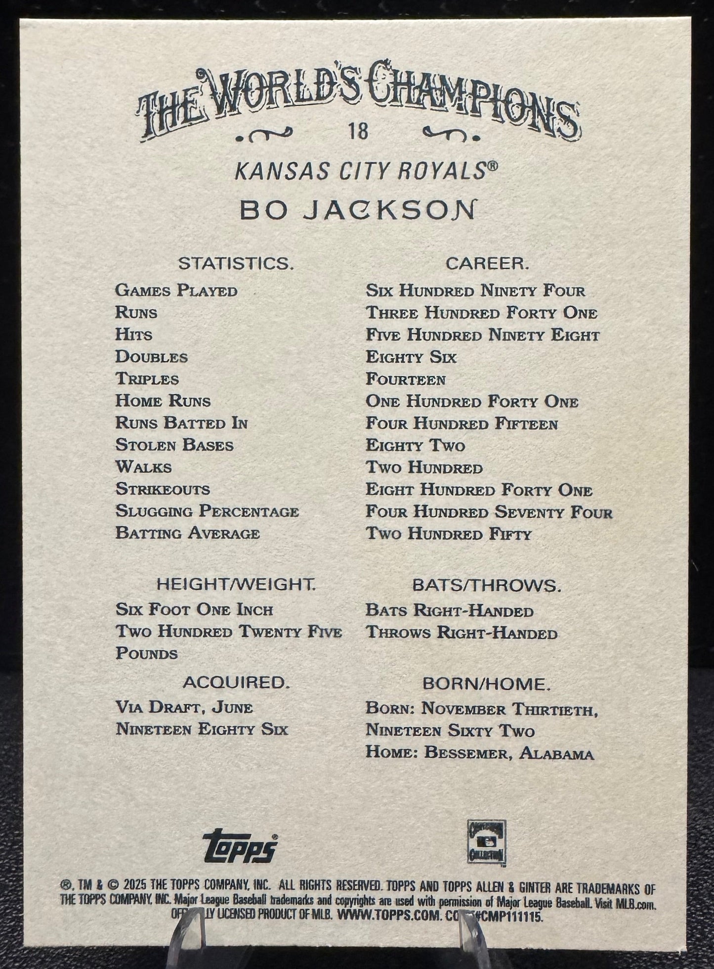 2025 Topps Allen & Ginter 18 Bo Jackson Kansas City Royals - 787 Hobby House