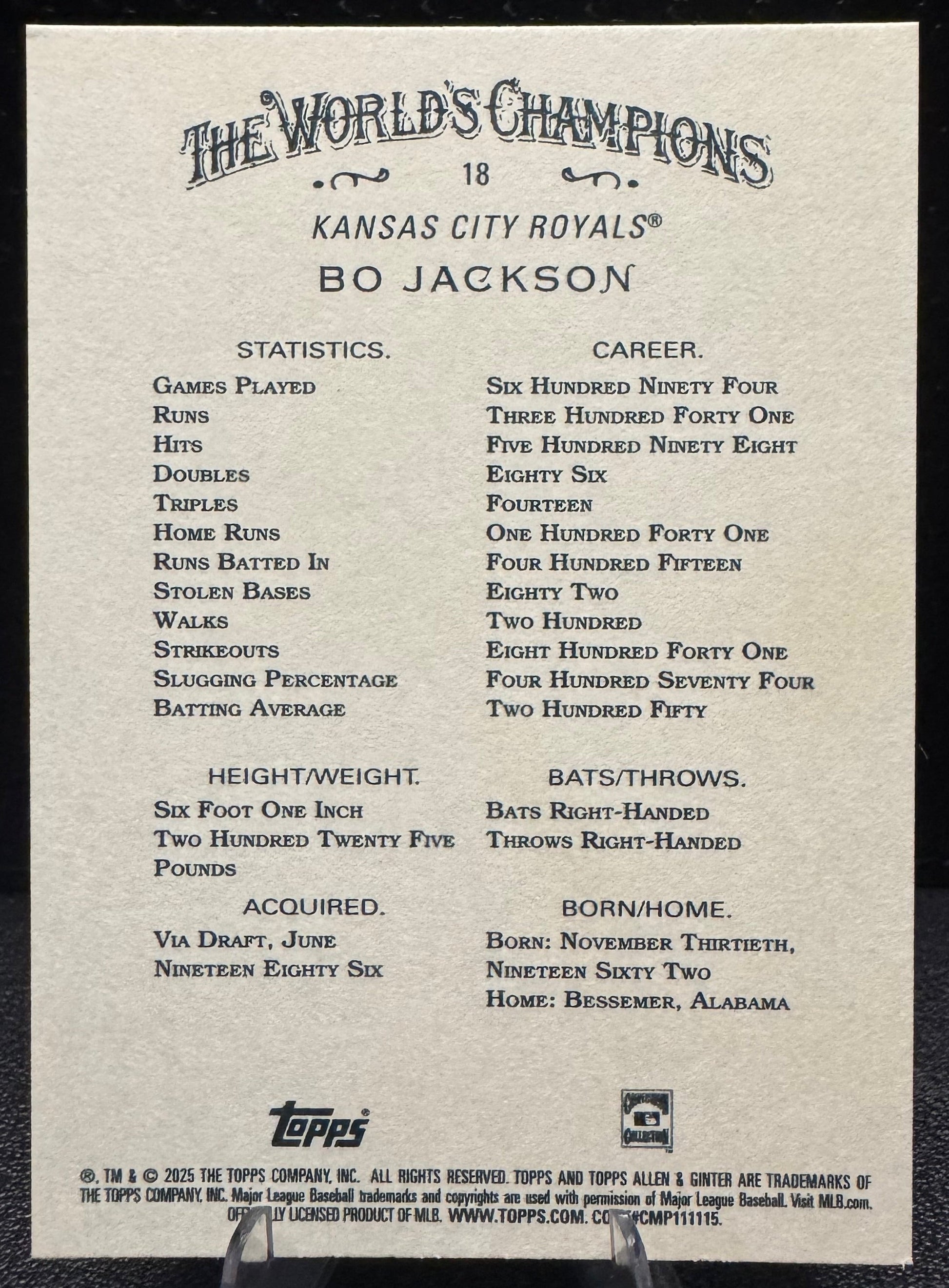 2025 Topps Allen & Ginter 18 Bo Jackson Kansas City Royals - 787 Hobby House