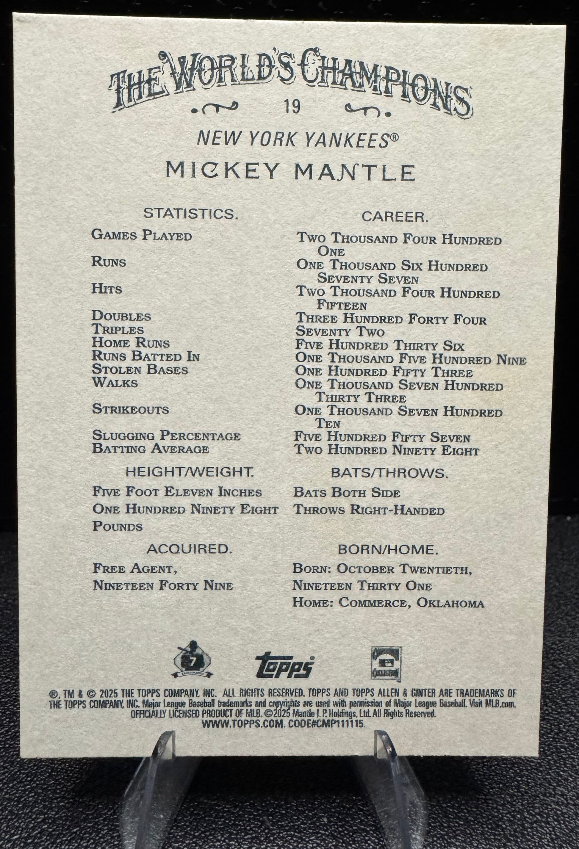 2025 Topps Allen & Ginter 19 Mickey Mantle - 787 Hobby House