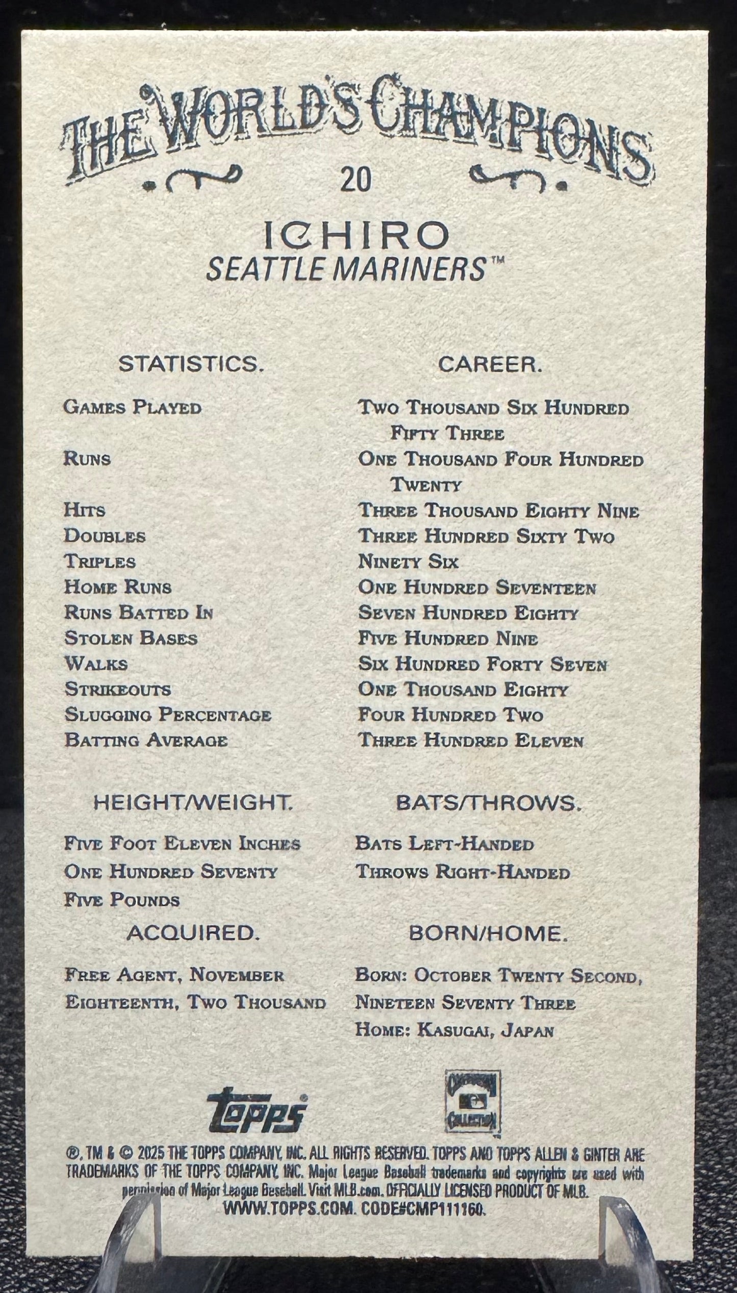 2025 Topps Allen & Ginter 20 Ichiro Mini Black Border - 787 Hobby House