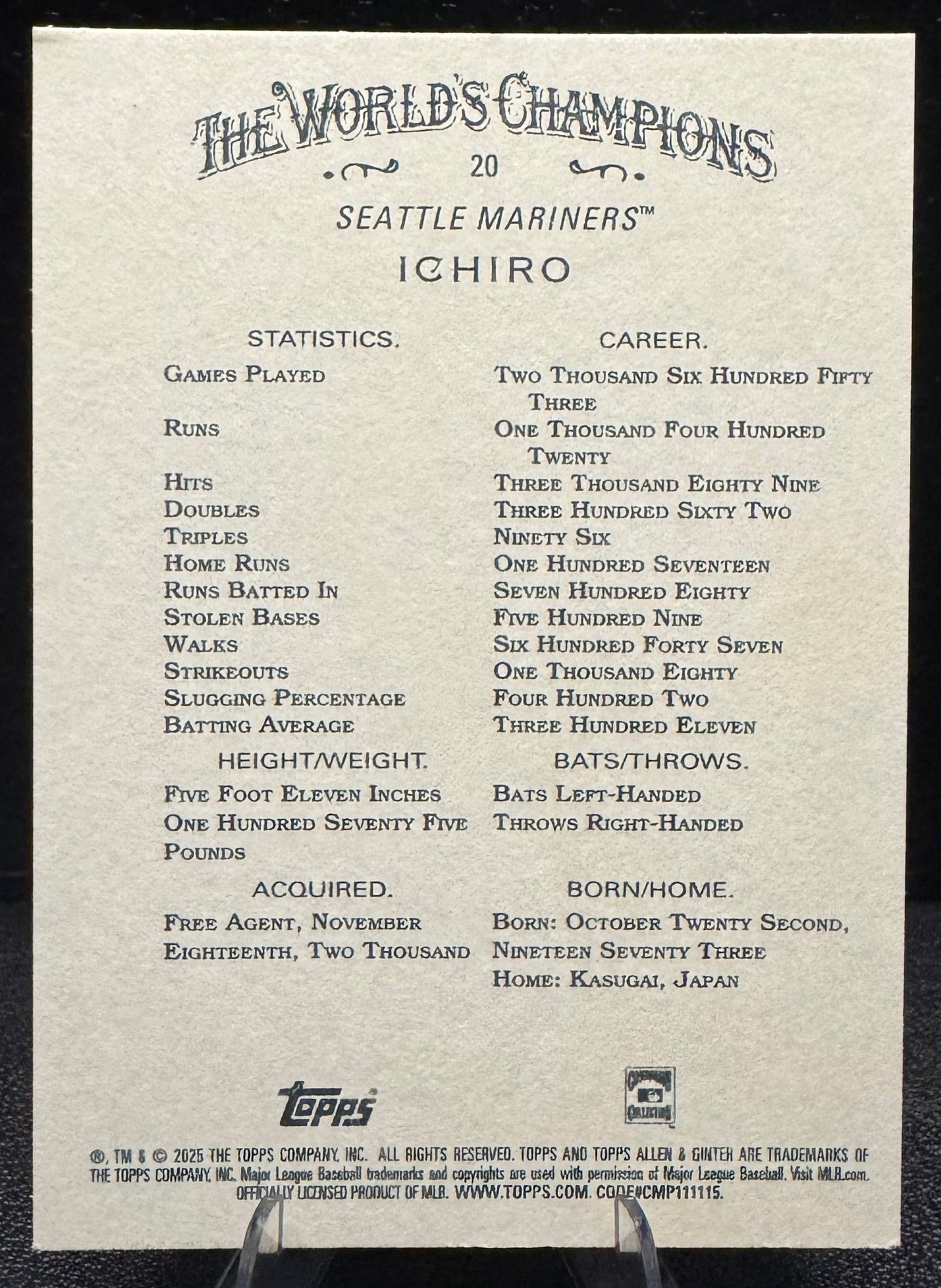 2025 Topps Allen & Ginter 20 Ichiro Seattle Mariners - 787 Hobby House