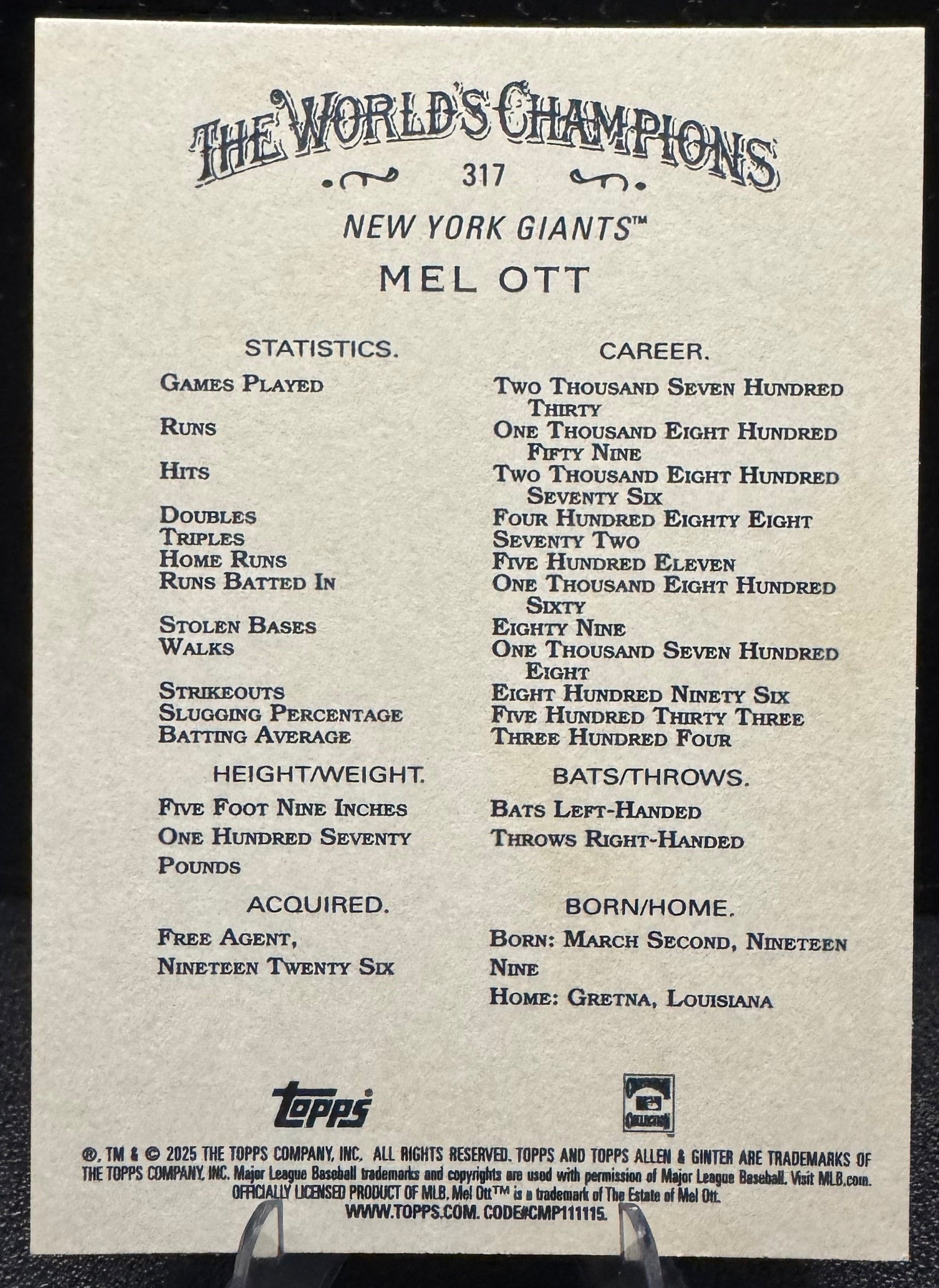 2025 Topps Allen & Ginter 317 Mel Ott New York Giants - 787 Hobby House