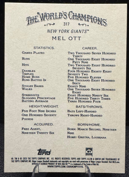 2025 Topps Allen & Ginter 317 Mel Ott New York Giants - 787 Hobby House