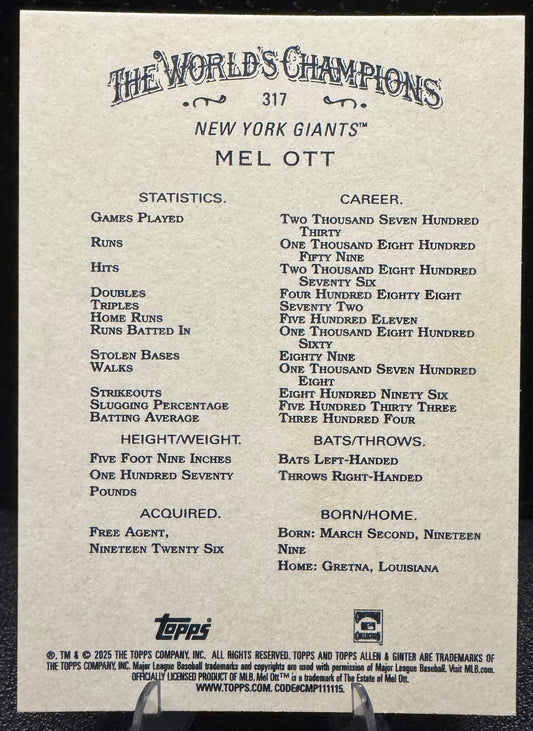 2025 Topps Allen & Ginter 317 Mel Ott New York Giants - 787 Hobby House