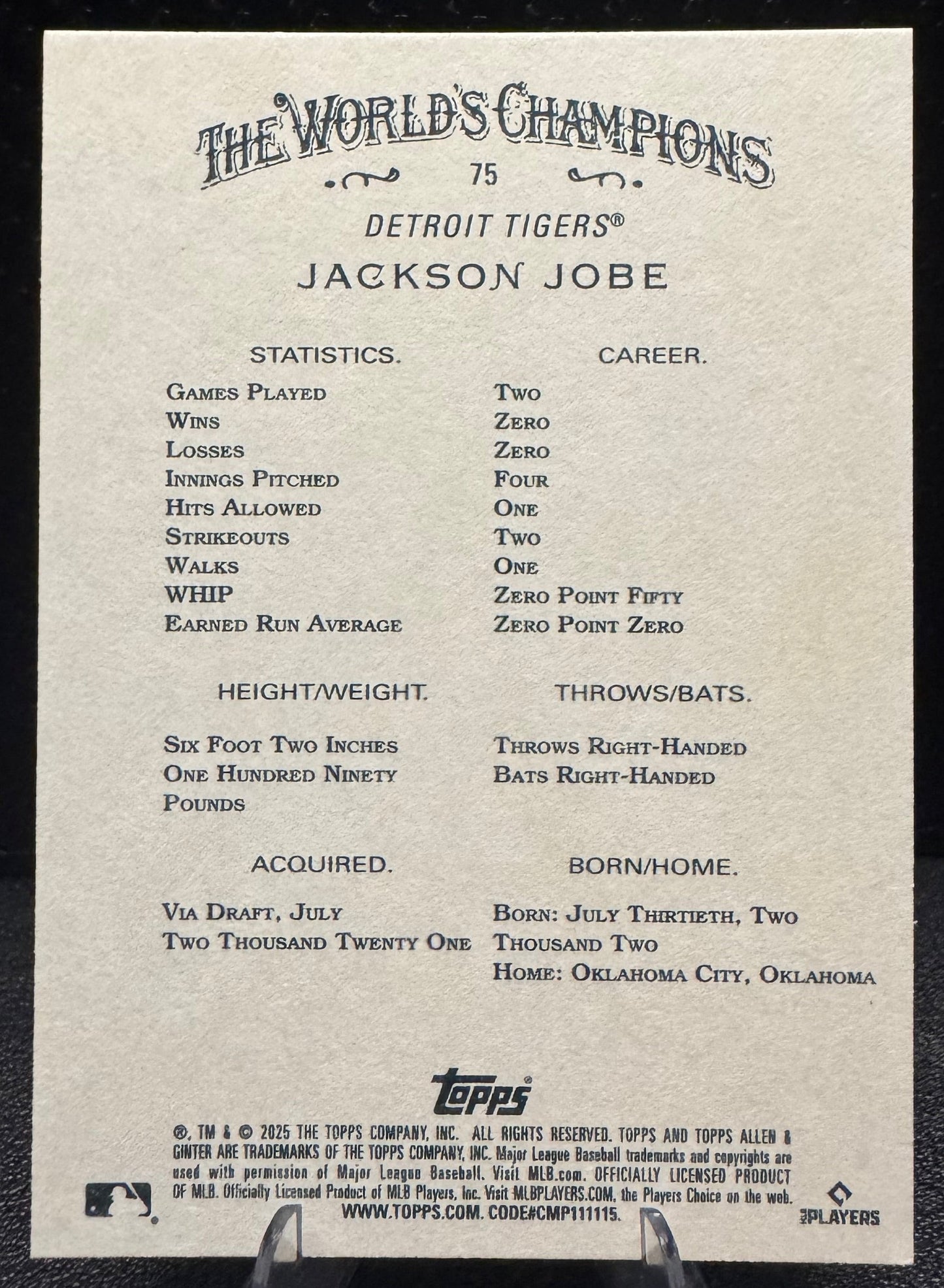 2025 Topps Allen & Ginter 75 Jackson Jobe RC Detroit Tigers - 787 Hobby House