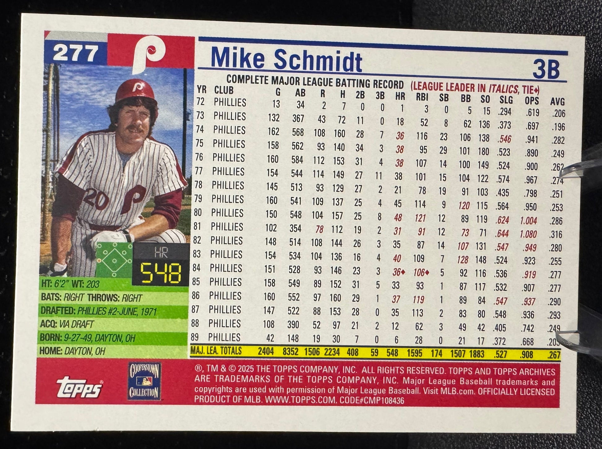2025 Topps Archives 277 Mike Schmidt Philadelphia Phillies - 787 Hobby House