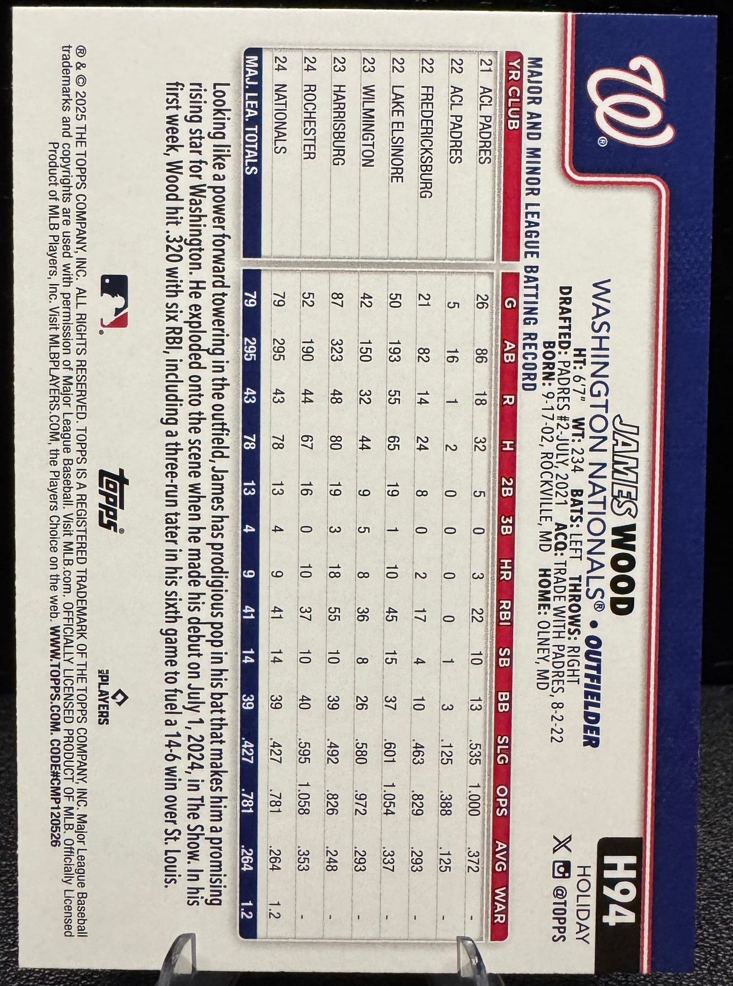 2025 Topps Holiday H94 James Wood RC Washington Nationals - 787 Hobby House