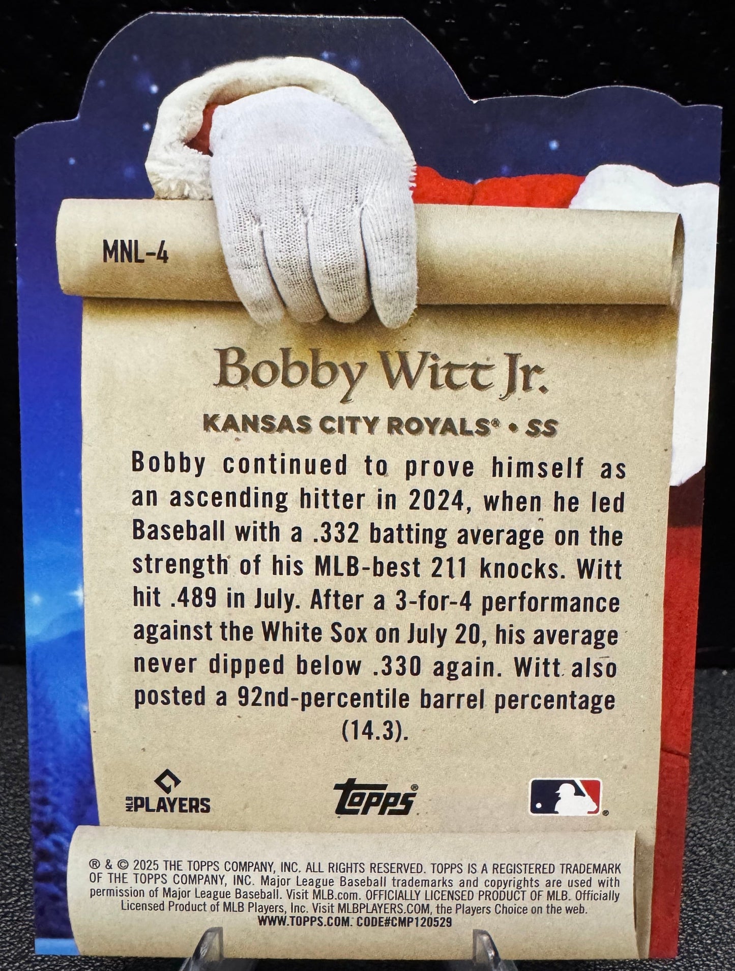 2025 Topps Holiday MNL - 4 Bobby Witt Jr. Making the Nice List Kansas City Royals - 787 Hobby House