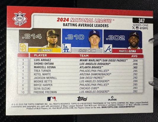 2025 Topps Series 1 League Leaders 347 Luis Arraez/Shohei Ohtani/Marcell Ozuna - 787 Hobby House