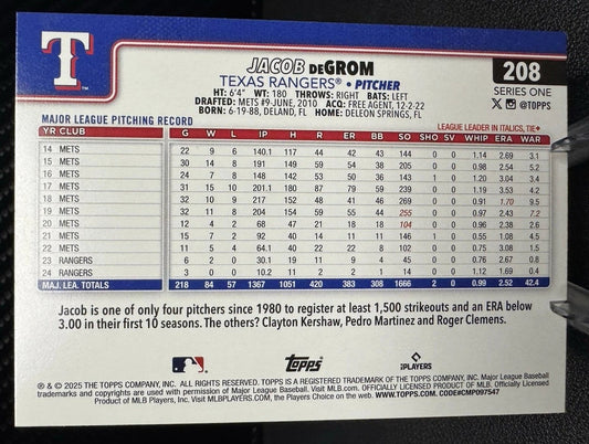 2025 Topps Series 1 Pink Holo Foil 208 Jacob DeGrom Texas Rangers - 787 Hobby House