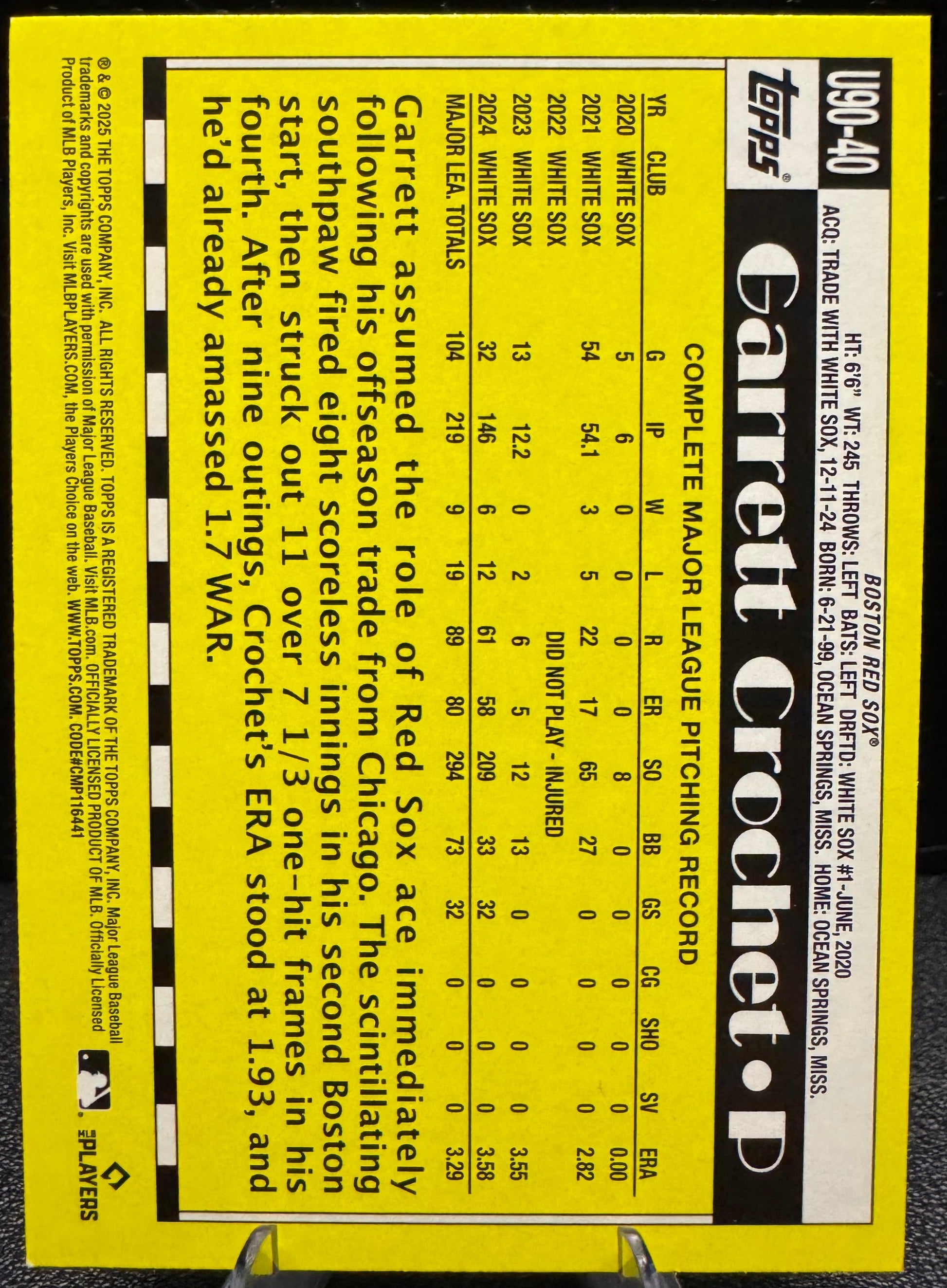 2025 Topps Update - 1990 Topps Baseball 35th Anniversary U90 - 40 Garrett Crochet Boston Red Sox - 787 Hobby House