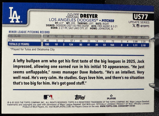 2025 Topps Update US77 Jack Dreyer Holiday RC Los Angeles Dodgers - 787 Hobby House