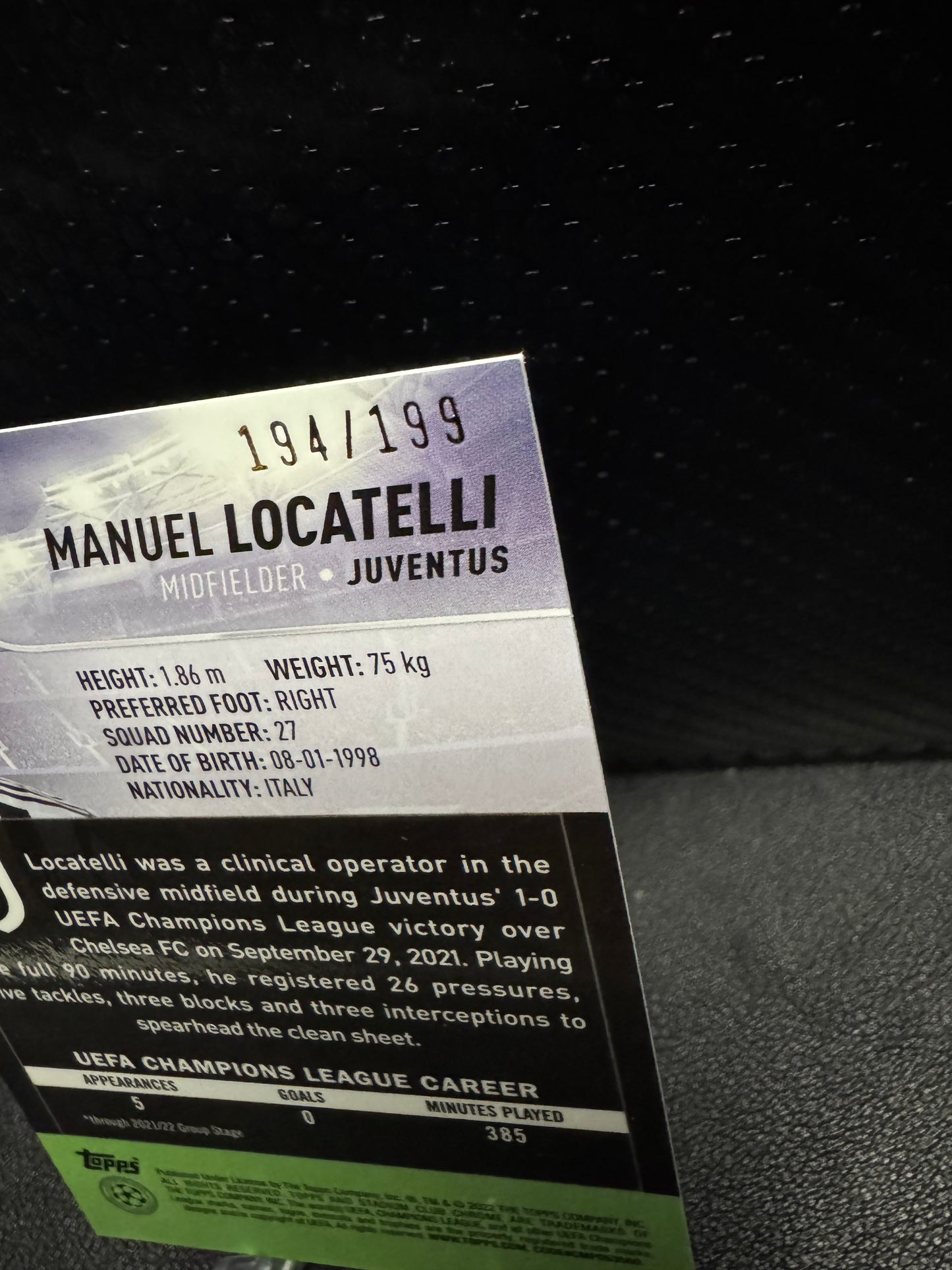 2021-22 Stadium Club Chrome UEFA Champions League Aqua Green Electric Charge #27 Manuel Locatelli 194/199